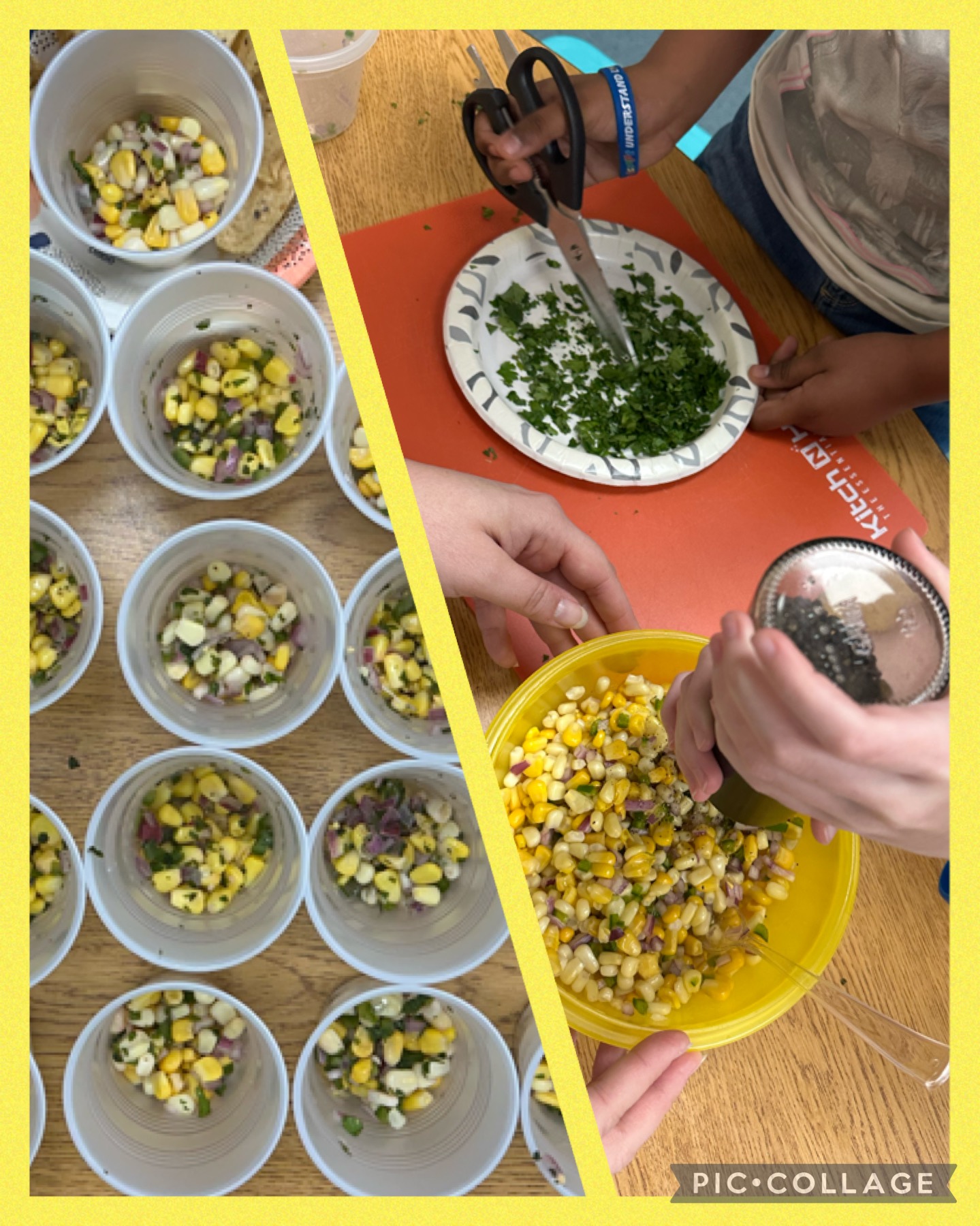 Photo collage demonstrating the preparation and portioning of fresh corn salsa. left side of collage shows corn salsa portioned into small plastic cups. Right side of collage shows students seasoning the salsa and cutting the freshly harvested cilantro into bite size pieces