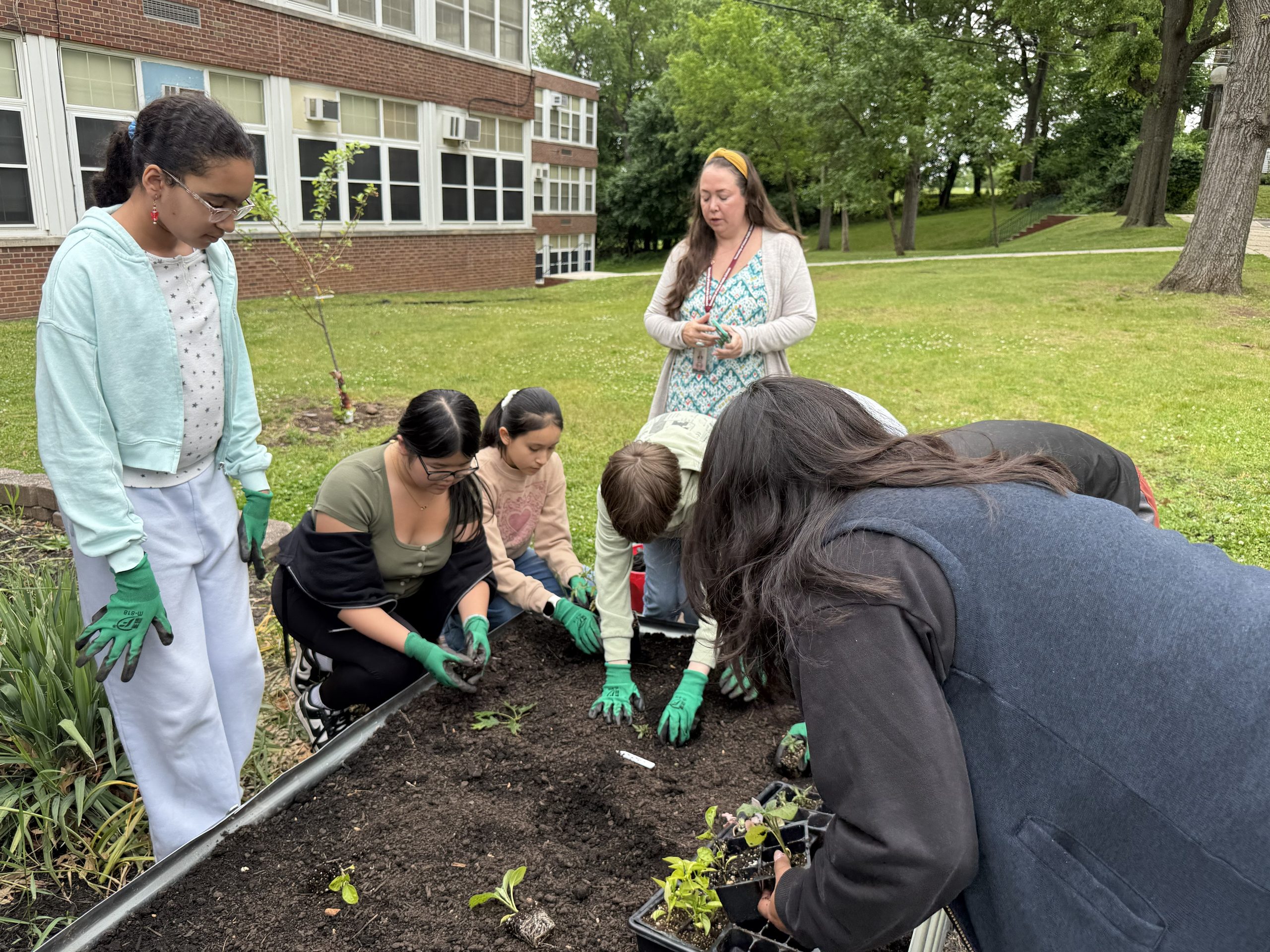 image of Kawameeh students, faculty, and Ashley from Groundworks Elizabeth sowing new plants into their raised garden beds