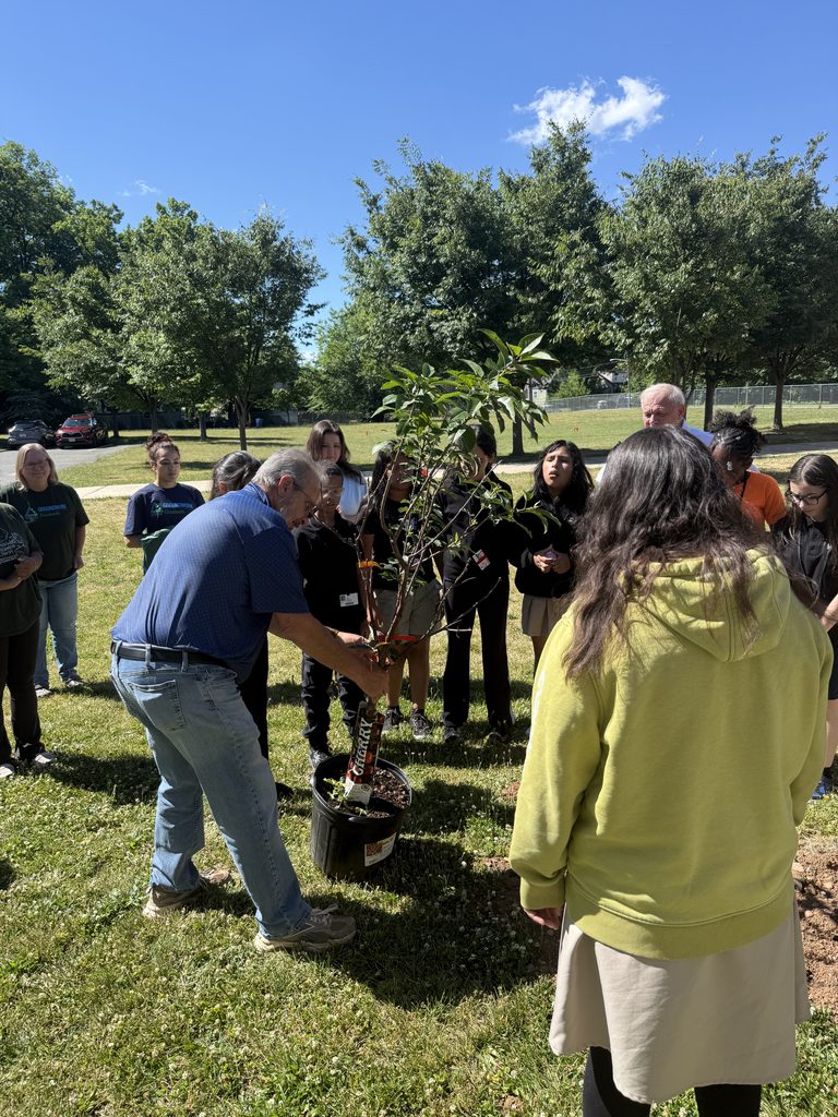 Chairman Bodek and school members planting a tree.