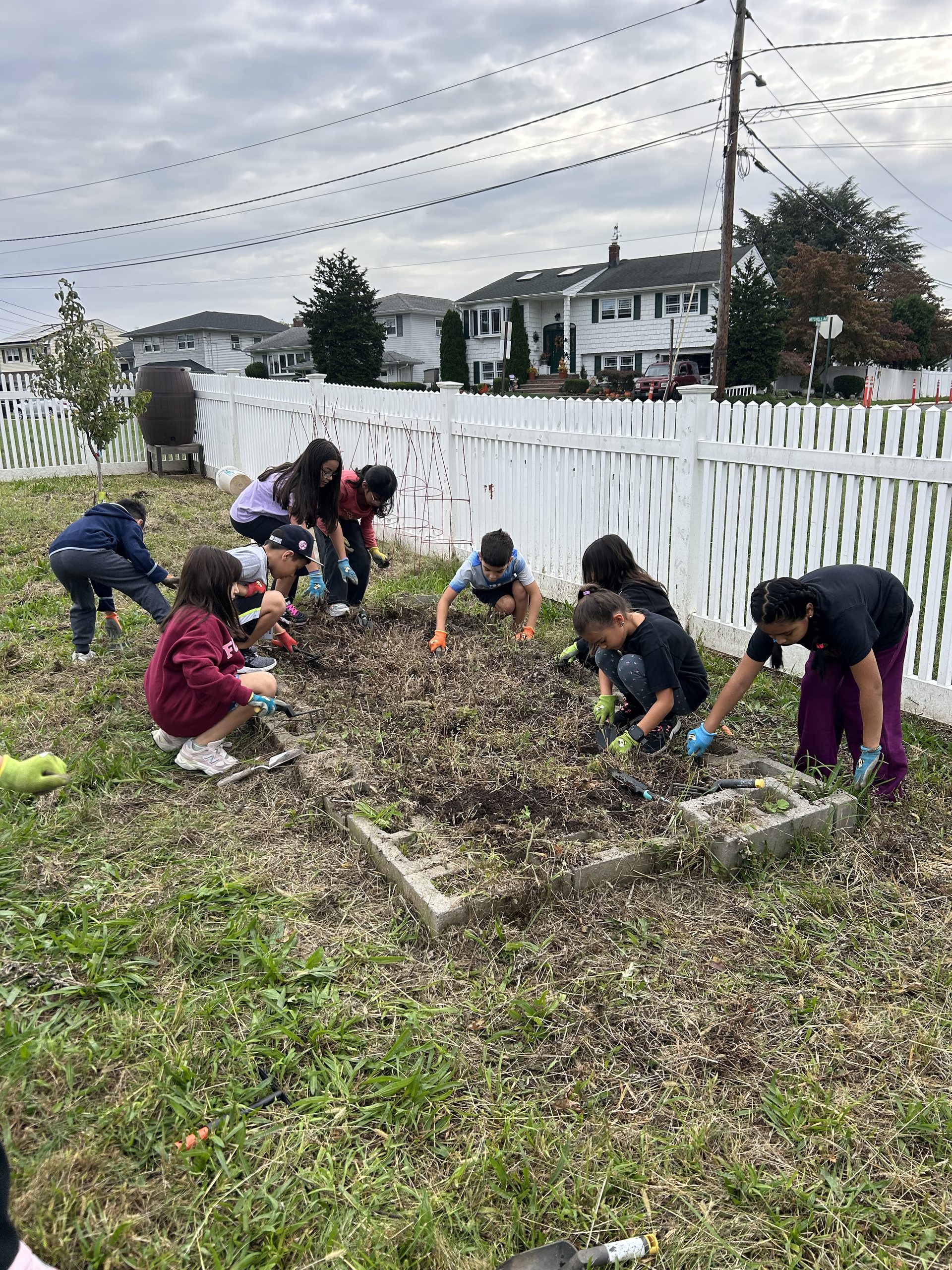 A group of Battle Hill Elementary students clearing the weeds out of the garden bed
