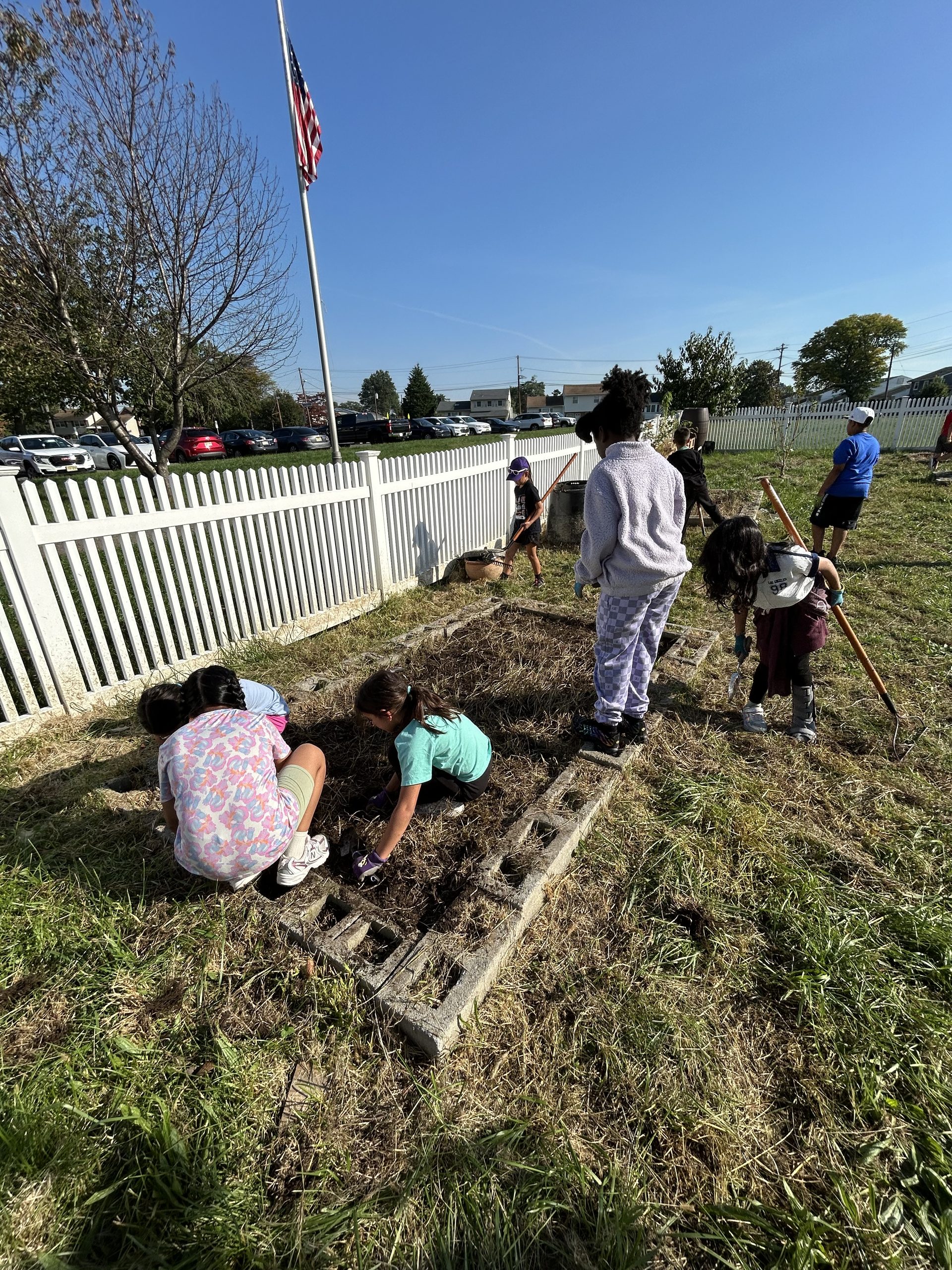 Image of students working together, under a clear blue sky, to remove weeds at the Battle Hill Elementary Garden