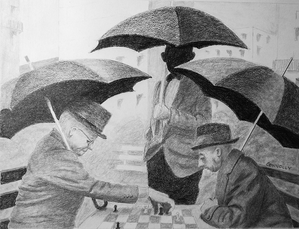 William Connolly was awarded First Place for Drawing on Paper by a Non-Professional artist for this work, titled “It Rains in Brooklyn.” Carefully drawn in pencil, this work presents a charming scene of two elderly men seated outdoors playing chess, as a third man stands in the center observing the game. All three men are focused on the chessboard, and all three hold an open umbrella. The three large umbrellas over the men’s heads are prominent in the composition. The umbrella handles point towards the chess board, where the man on the left takes his turn, about to grasp a piece. The subtle background shows just enough that we see this is a park in an urban setting. The chess players wear overcoats and hats. The man observing wears a bowtie and jacket with lapels, as a waiter might wear, suggesting he is passing by.