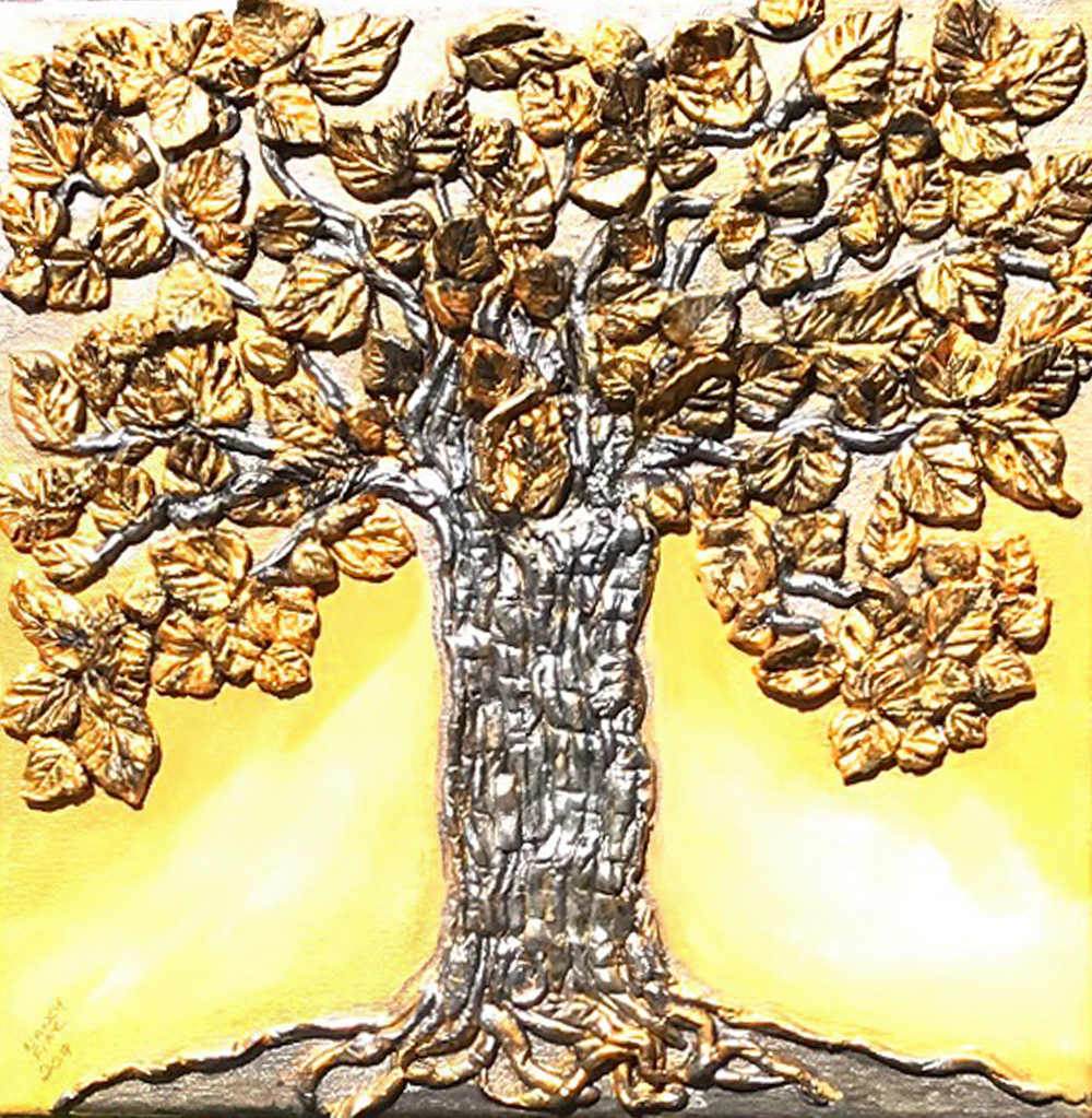 Nancy Fine was awarded First Place for Mixed Media by a Non-Professional artist for this artwork titled “Beautiful Tree,” created with air-dry clay and acrylic paint. A leafy tree is centered in the square-shaped composition. The tree’s elegantly curved roots wrap a mound of earth at the bottom. Our view is zoomed in, because the tree is cropped at the top and sides, and rendered with very large leaves. The tree is sculpted in low-relief, emphasizing veins of the leaves and bumpy tree bark. The low-relief shapes and textures are emphasized by reflective paint. The tree trunk is painted in shades of silver. The strongly delineated leaves and roots are painted in shades of shiny gold. Background behind the tree is painted in gradations of matte yellow that contrast with the vibrant, metallic paint used for the tree.