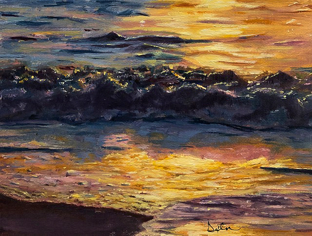 Stephanie Dexter was awarded First Place for Oil Painting by a Non-Professional artist. Her painting, titled “Lever du Soleil à l’Océan” (Sunrise at the Ocean), shows us a close-up of a small ocean wave rolling into shore. It is sunrise or sunset, because the water reflects intense golden reflections and the wave itself casts a dark shadow. The colors of the rippled ocean water are painted with mostly intense orange-gold reflections that contrast with dark shades of neutral gray-blue-black shadows. The moving water fills the entire composition except at the lower left corner, where a small strip of dark, wet sand is about to be covered by the incoming wave.