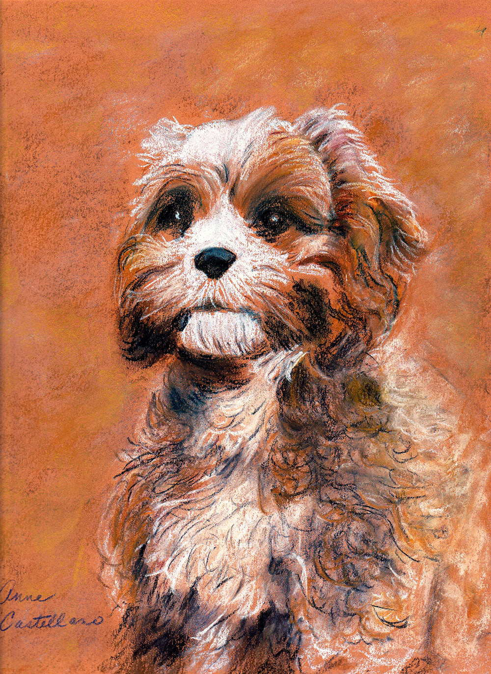 Anne Castellano was awarded First Place for Pastel by a Non-Professional artist for this work, titled “Precious Pup.” It is a portrait of a beloved dog who sits calmly, facing the viewer. The long-haired dog has an engaging face. This pastel portrait is done entirely in shades of black, white and lots of earthy reddish-sanguine brown (possibly using conte crayons). It is skillfully drawn with detailed strokes defining the dog’s curly hair. The dog resembles a terrier-schnauzer mix: curly hair—lighter around the forehead, nose and chest area. A black nose. Gentle, black eyes. The background is solid reddish-sanguine brown, contrasting with the lines that defining the curly hair.