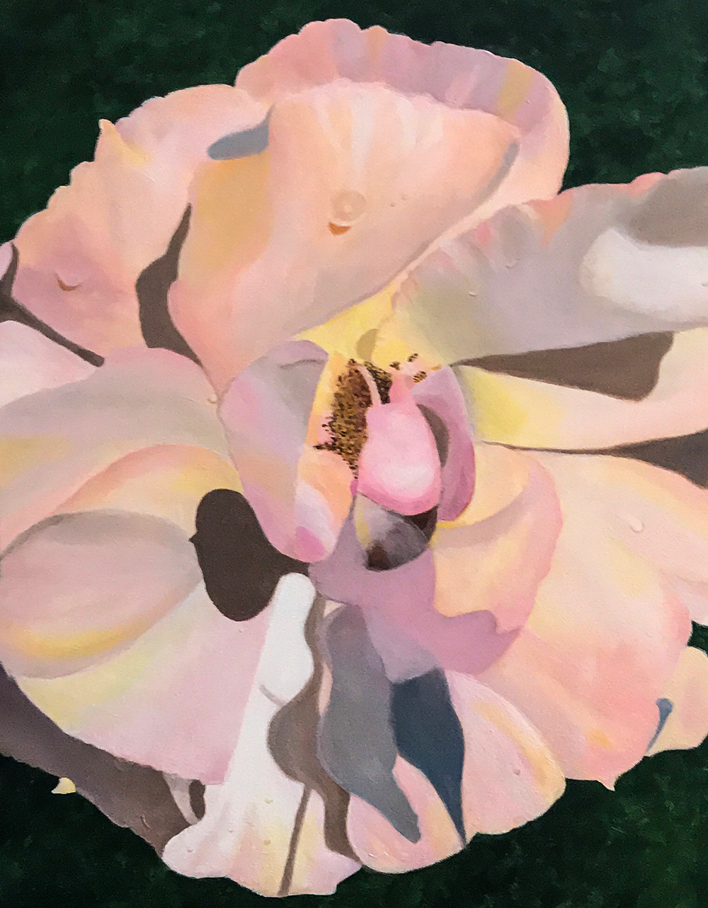 Marcia Haller was awarded First Place for Acrylic Painting by a Professional artist. Her painting, titled “A Villa Borghese Muse,” is a close-up view of a single pale-pink flower, fully open with its wide, curvaceous petals nearly filling the canvas. A very dark green background sets off the luminous colors of the flower, which is painted with subtly gradated colors of pale pinks blending into yellow-pink hues. The flower is very brightly lit, with its own petals, pistil and stamen casting crisp shadows onto the petals. We also see a few droplets of water on the petals.