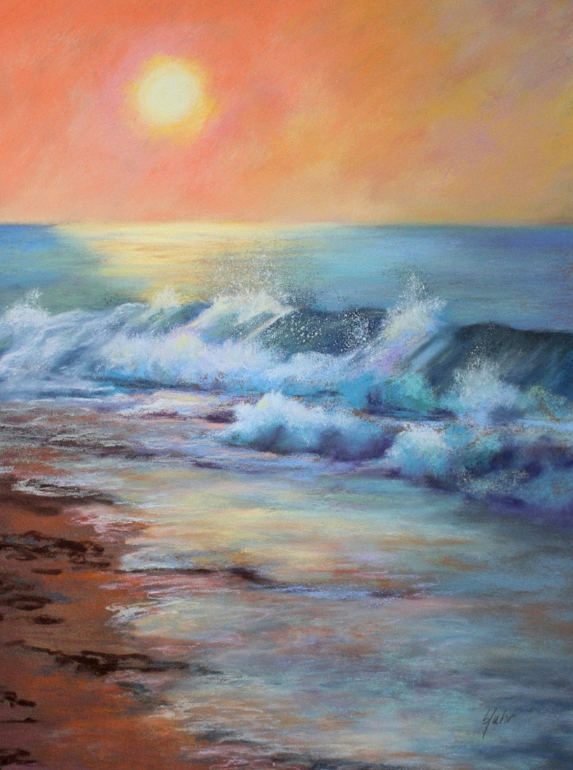 Barbara Uhr was awarded First Place for Pastel by a Professional artist for this work, titled “At the Shore.” Her pastel captures a colorful sunrise over the ocean, seen from a beach, with sunlight reflected on the water and beach sand. The ocean is calm, except for foamy waves crashing onto the shore. Our vantage point is the water’s edge. The top third of this vertical composition is a peach-colored sky, where the sun glows bright yellow on the left side. At the lower left, light-brown beach sand is tinted peach by the sunlight. At the center, the ocean is shown in luminous shades of turquoise and silvery blue. There is white foam and white spray where the waves break, near shore. The sun’s golden reflection extends towards us, illuminating the entire left side – the ocean, waves and sand – resulting in a complex range of colors that are skillfully rendered.