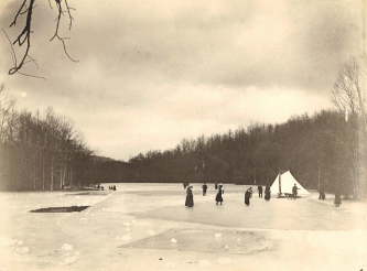 Winter Ice Scene. Cutting ice and ice boating on the Back Pond near Seeley's, Scotch Plains, NJ, February 28, 1889. The Lambert boys cut ice here and had the ice route circa 1900. Historical Collection of Howard E. Johnston.
