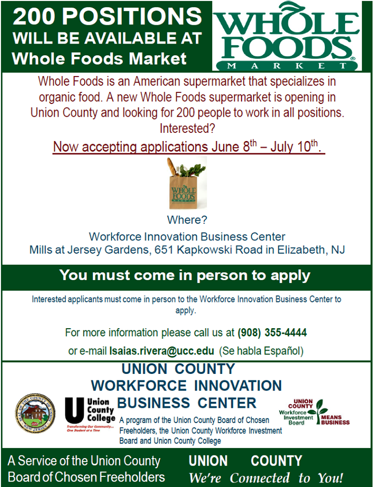 Union County NJ WIB Center Whole Foods hiring