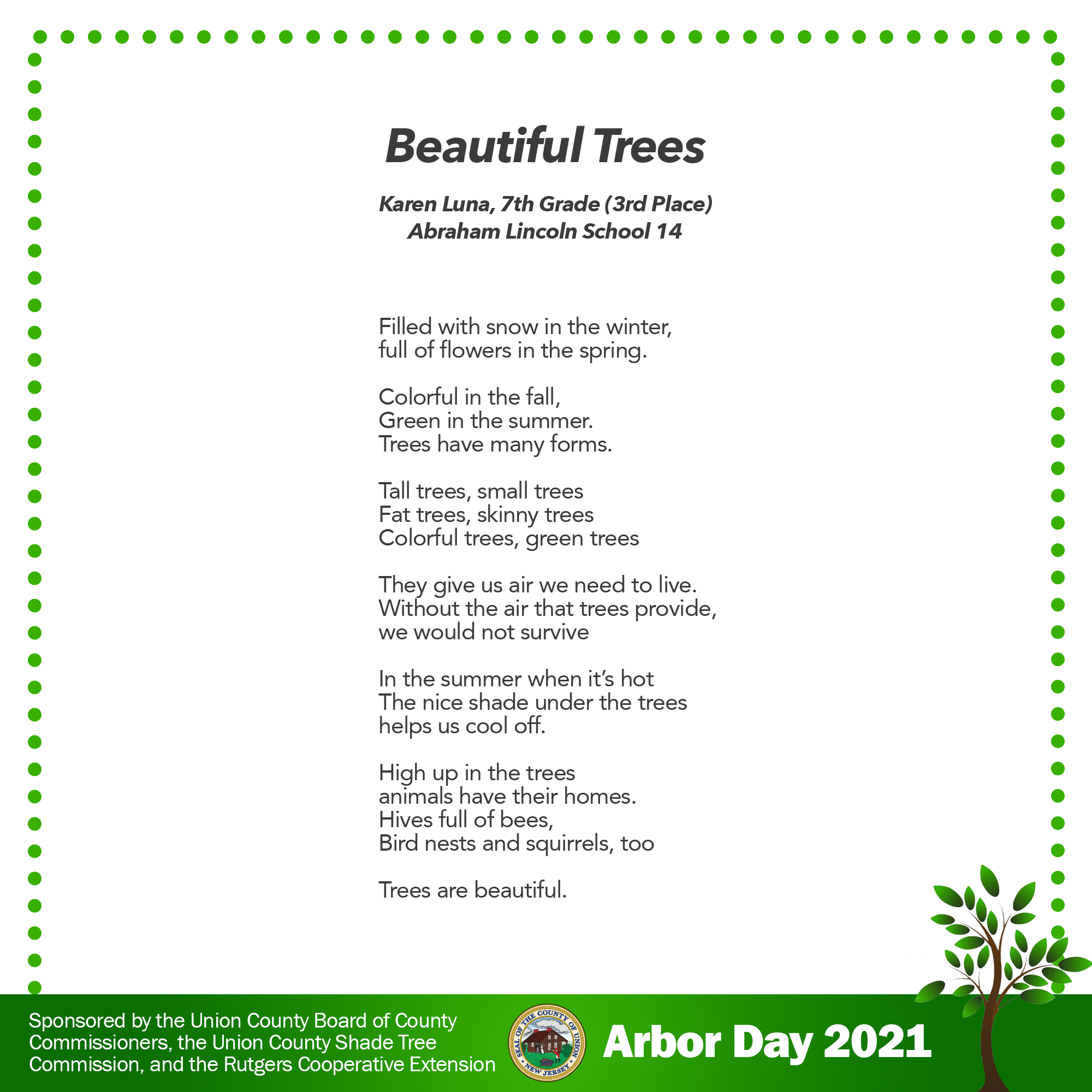 Winners of the 2021 Arbor Day Poetry Contest – County of Union, New Jersey