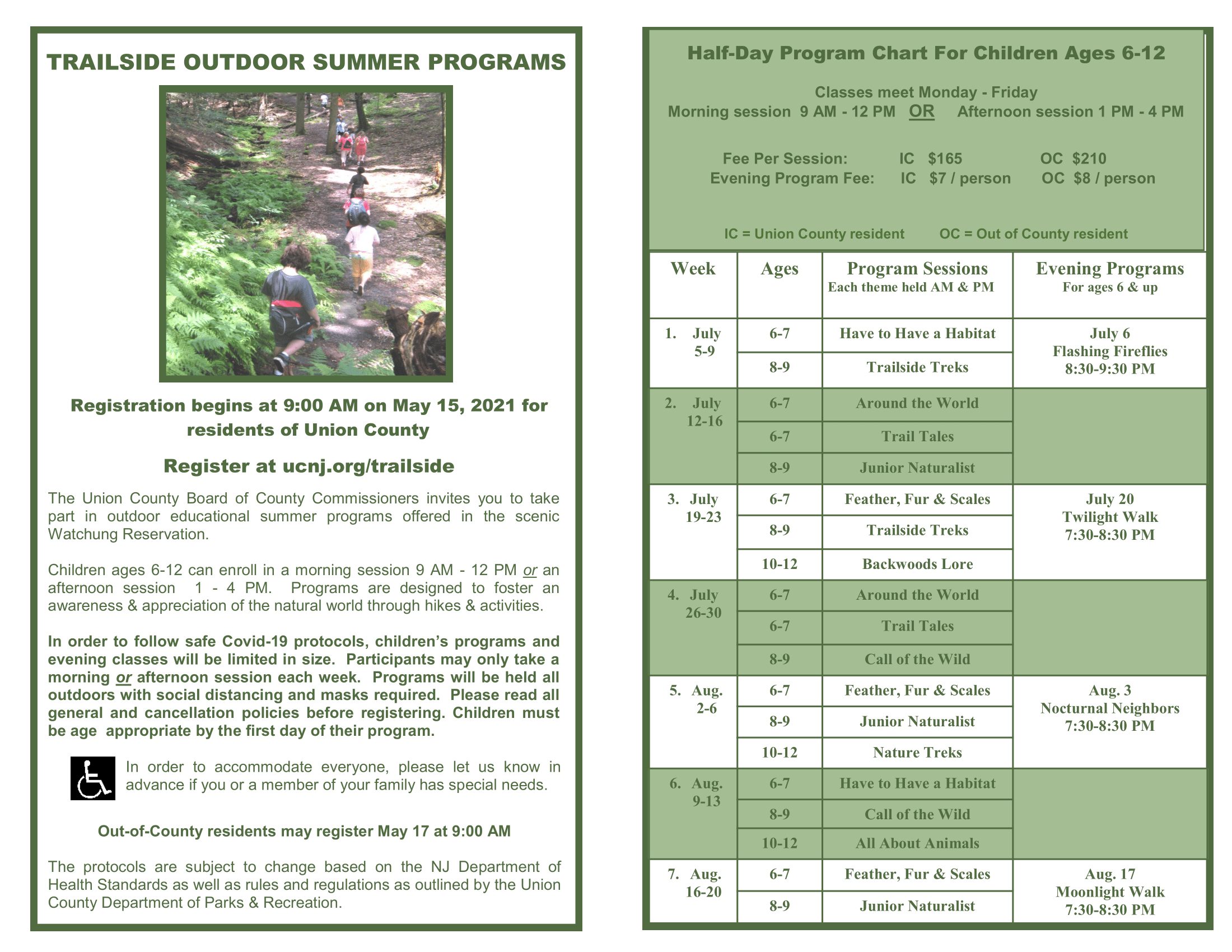tailside outdoor summer program flyer and half-day chart for children ages 6-12 flyer