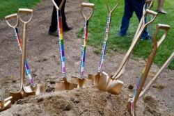 several shovels sticking out of a pile of dirt
