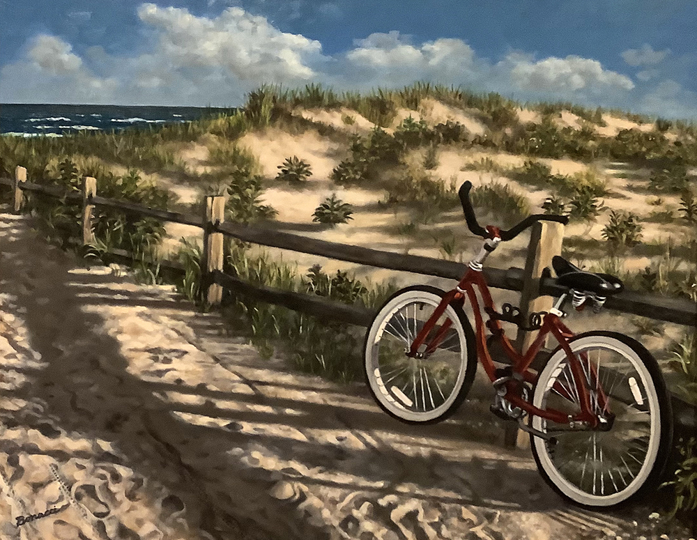 painting of a bicycle on a beach path