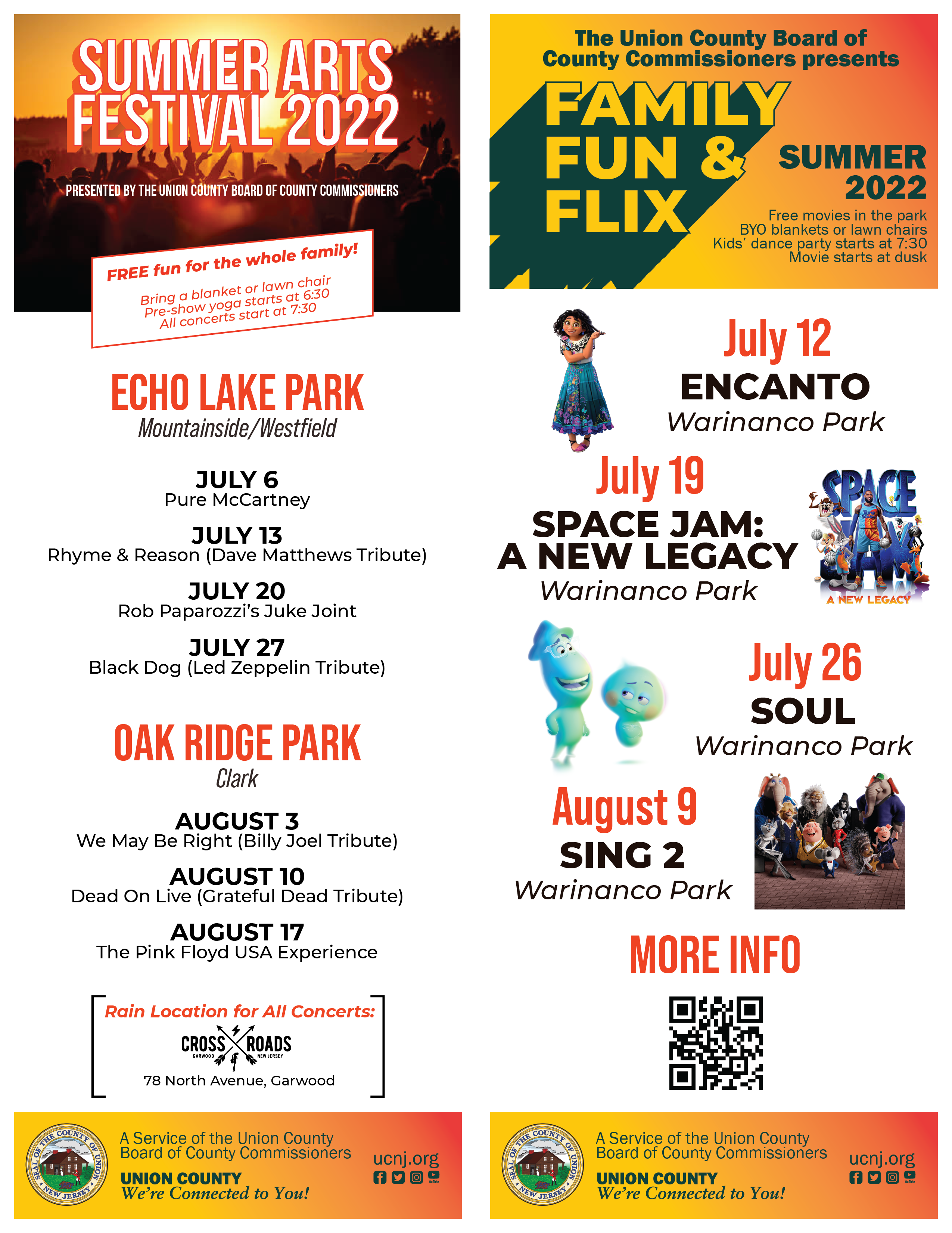 summer arts festival and family fun & flix flyers