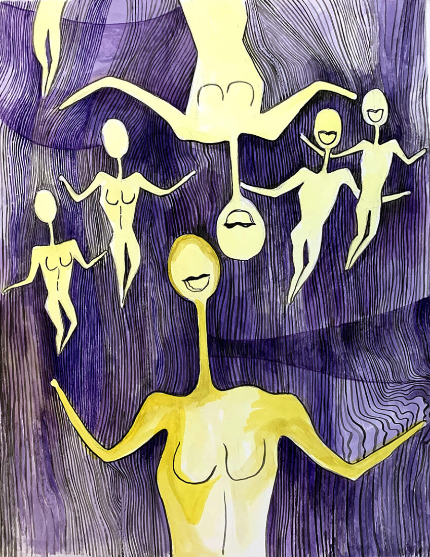 abstract artwork of women smiling and dancing