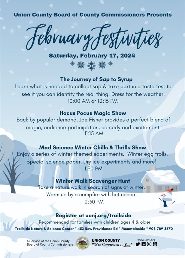 Union County Annoucnes “February Festivities” at Trailside Featuring Magic, Mad Science, and Maple Sugaring
