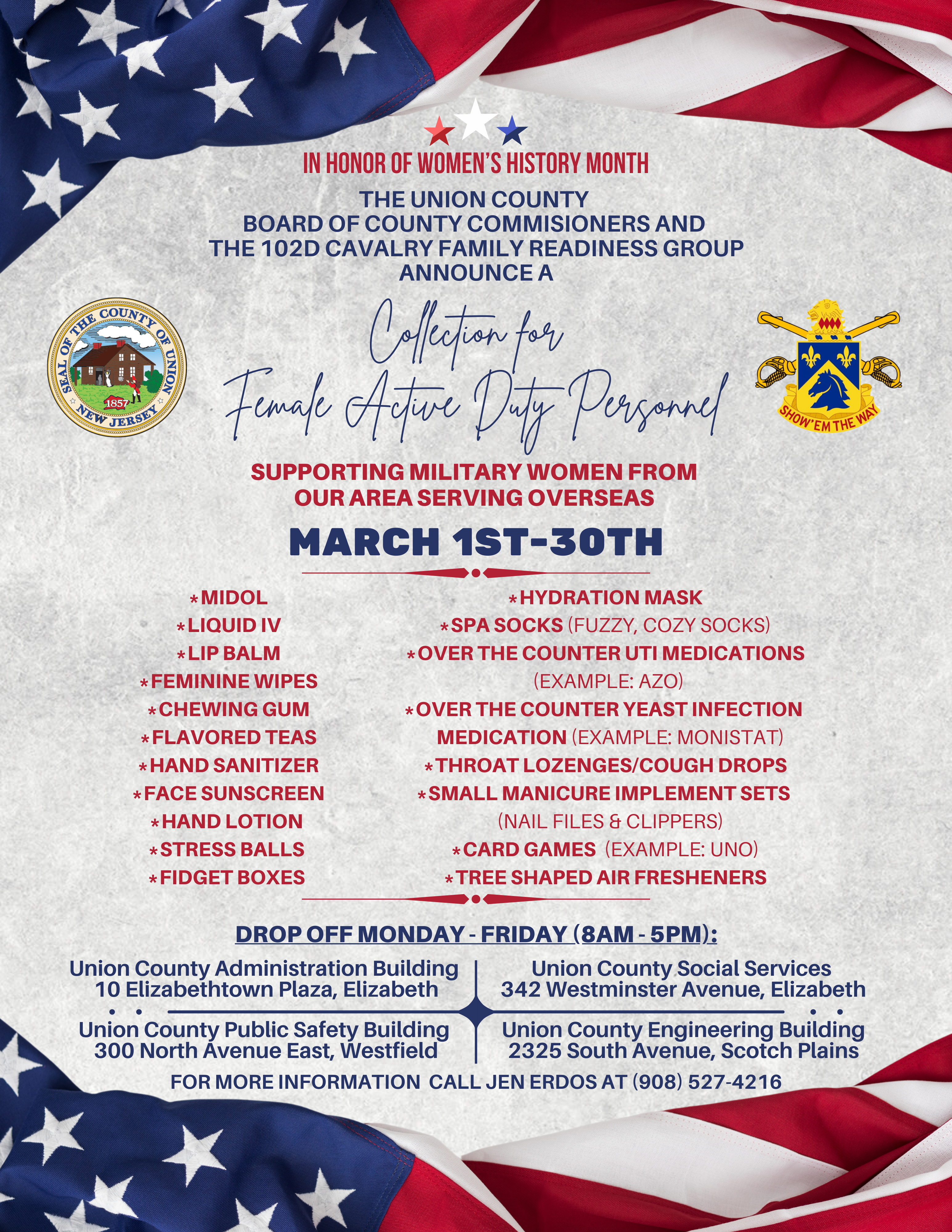 Union County Launches Collection Drive in Honor of Women’s History Month to Support Military Women Overseas