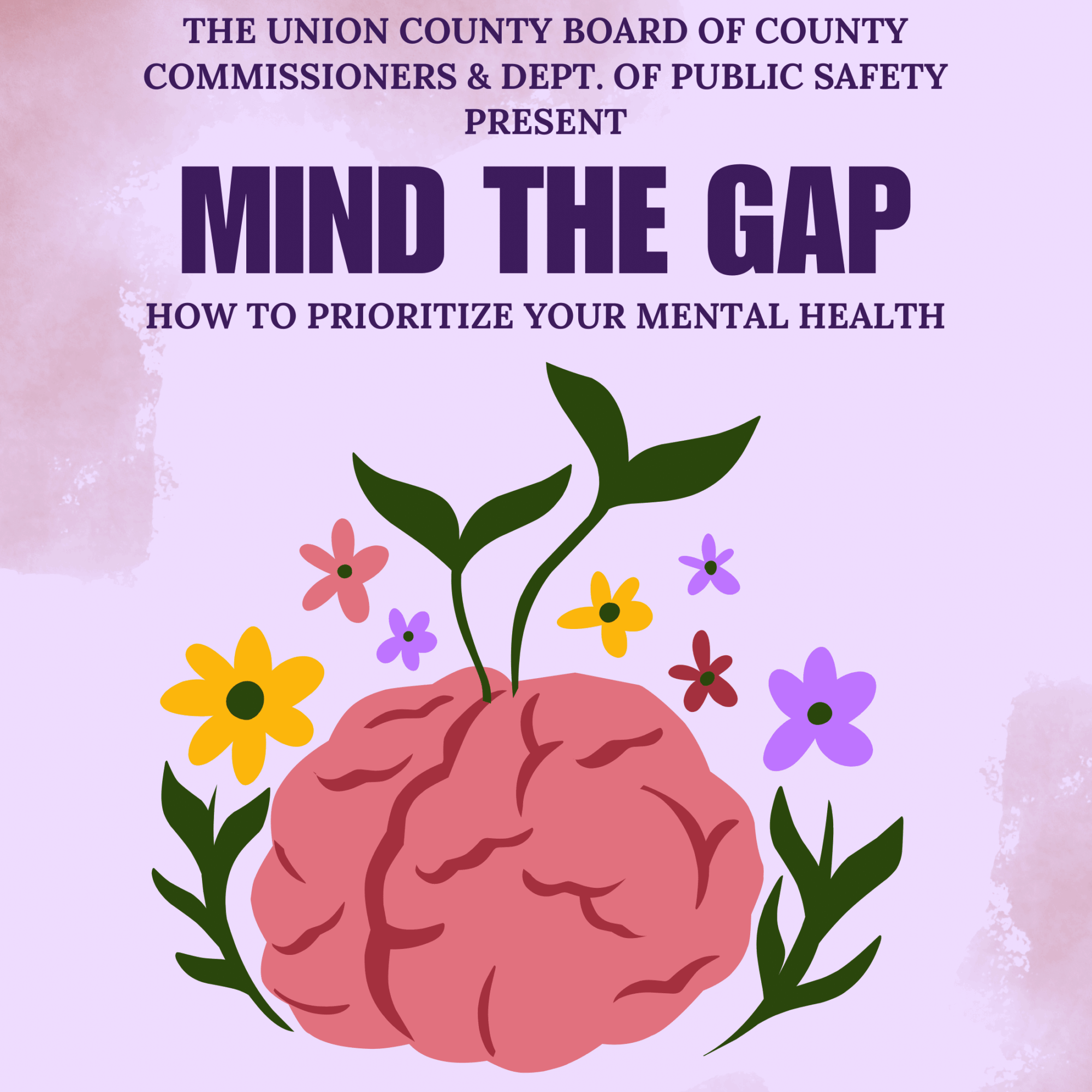 Illustration featuring a pink brain with flowers and leaves, accompanied by the text 'MIND THE GAP' and 'HOW TO PRIORITIZE YOUR MENTAL HEALTH'.