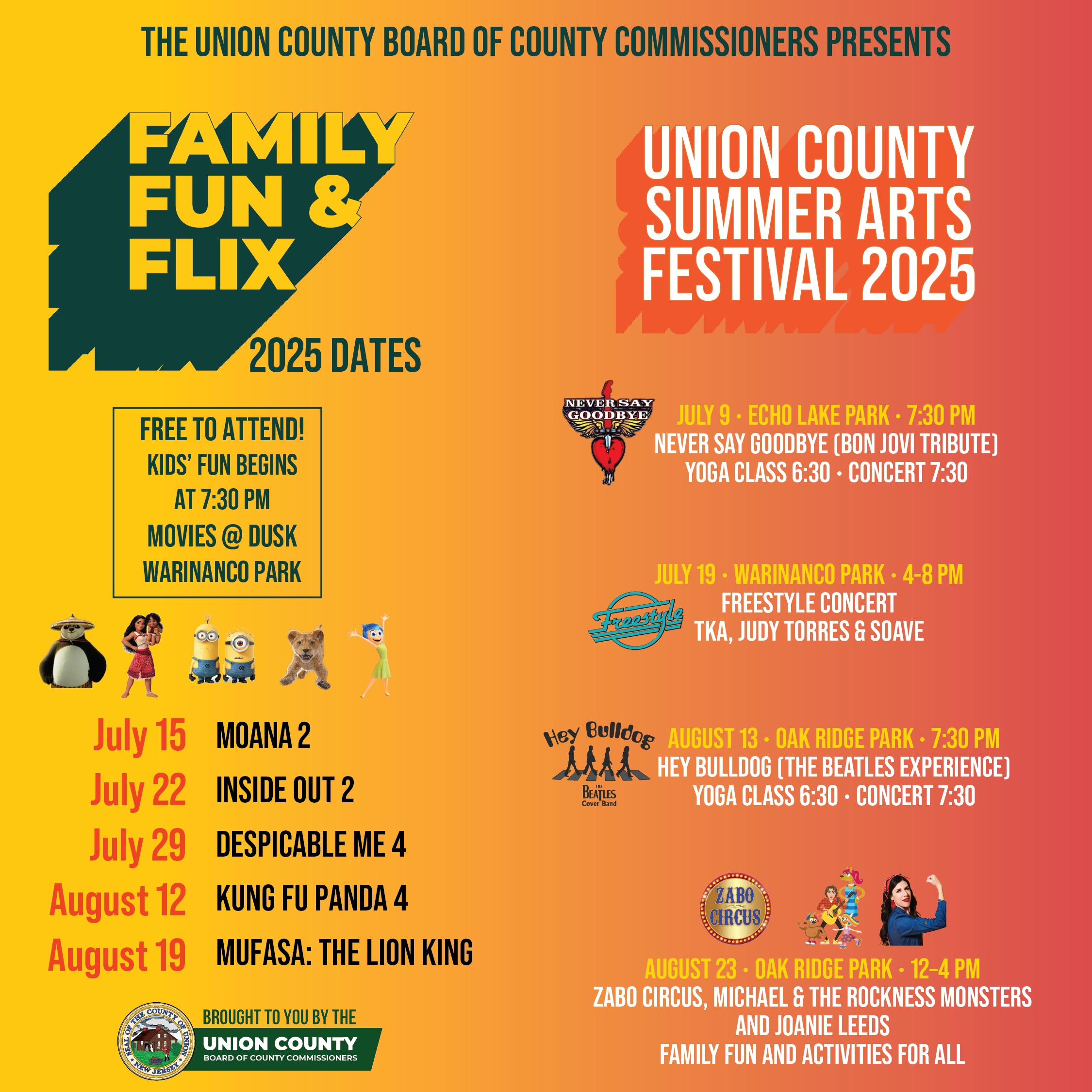 Free Family Fun and Flix and Summer Arts Festival Make Their Return to Union County This Summer