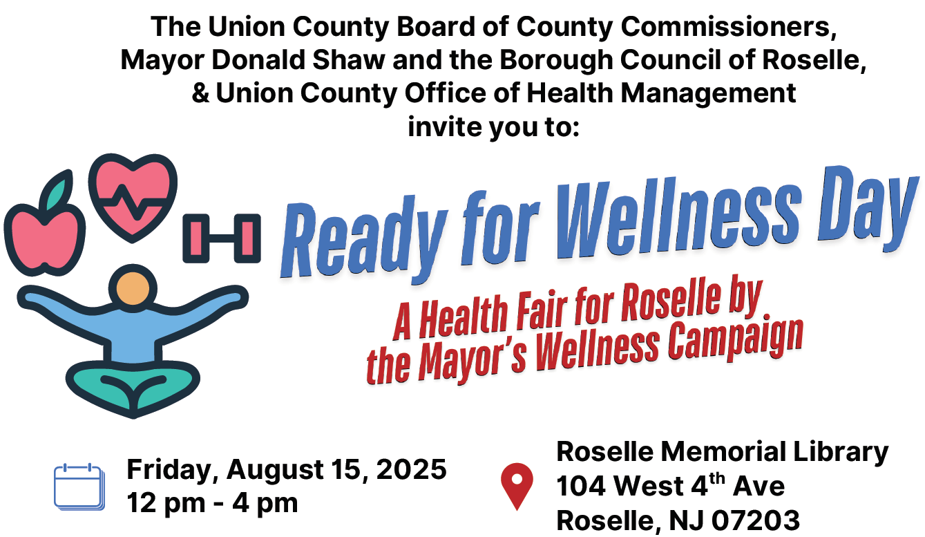 Event flyer for 'Ready for Wellness Day', a health fair in Roselle organized by local government and health officials, featuring health-related graphics and event details.