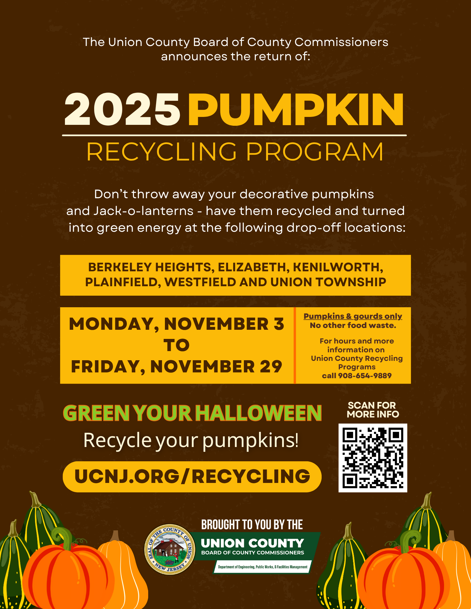 Union County Residents Are Invited to Recycle Their Jack-o-Lanterns and Decorative Pumpkins At Pumpkin Recycling Event in November