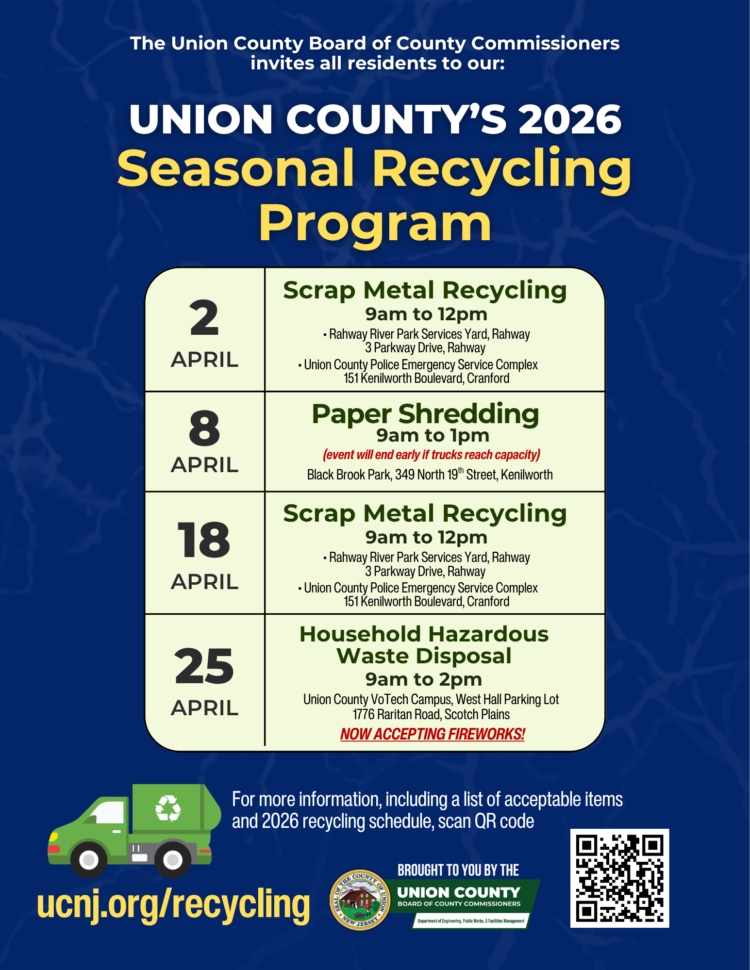A list of dates and times of recycling events