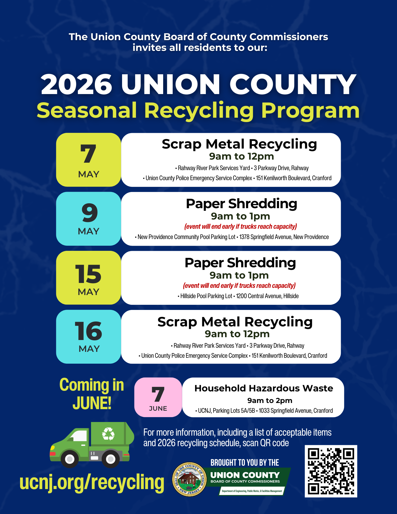 Flyer for the 2026 Union County Seasonal Recycling Program, detailing dates and locations for specialized disposal events.
May 2026 Schedule
May 7 (9 AM – 12 PM): Scrap Metal Recycling at Rahway River Park (Rahway) and Union County Police Emergency Service Complex (Cranford).
May 9 (9 AM – 1 PM): Paper Shredding at New Providence Community Pool Parking Lot.
May 15 (9 AM – 1 PM): Paper Shredding at Hillside Pool Parking Lot.
May 16 (9 AM – 12 PM): Scrap Metal Recycling at Rahway River Park (Rahway) and Union County Police Emergency Service Complex (Cranford).
Upcoming in June
June 7 (9 AM – 2 PM): Household Hazardous Waste disposal at UCNJ Parking Lots 5A/5B in Cranford.
