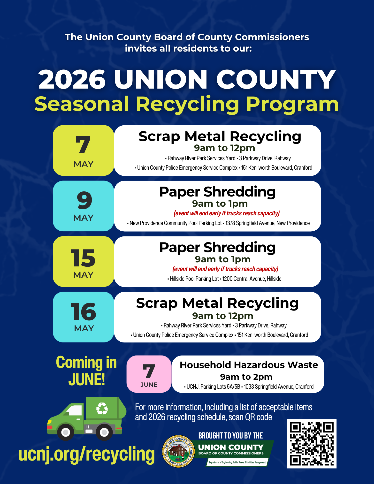 A graphic announcing that the 2026 seasonal recycling events will continue this May.