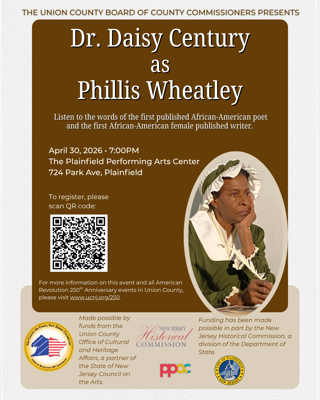A flyer for the Phillis Wheatley event at 7:00pm on April 30th at The Plainfield Performing Arts Center, located at 724 Park Street in Plainfield.