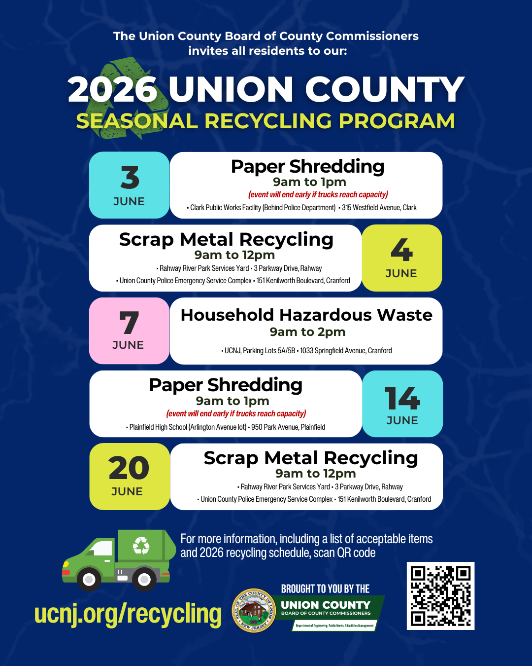 Flyer advertising various recycling dates: Paper shredding on Wednesday, June 3rd: Clark Public Works Facility (Behind Police Department, use Wilson Road for access), 315 Westfield Avenue, Clark
and
Sunday, June 14th: Plainfield High School (Arlington Avenue lot), 950 Park Avenue, Plainfield.
Scrap metal recycling on Thursday, June 4th & Saturday, June 20th, from 9:00 a.m. until 12:00 p.m. at two convenient locations:

•	Cranford: Emergency Services Building, 151 Kenilworth Boulevard
•	Rahway: Rahway River Park (service yard across from swimming pool), 3 Parkway Drive

