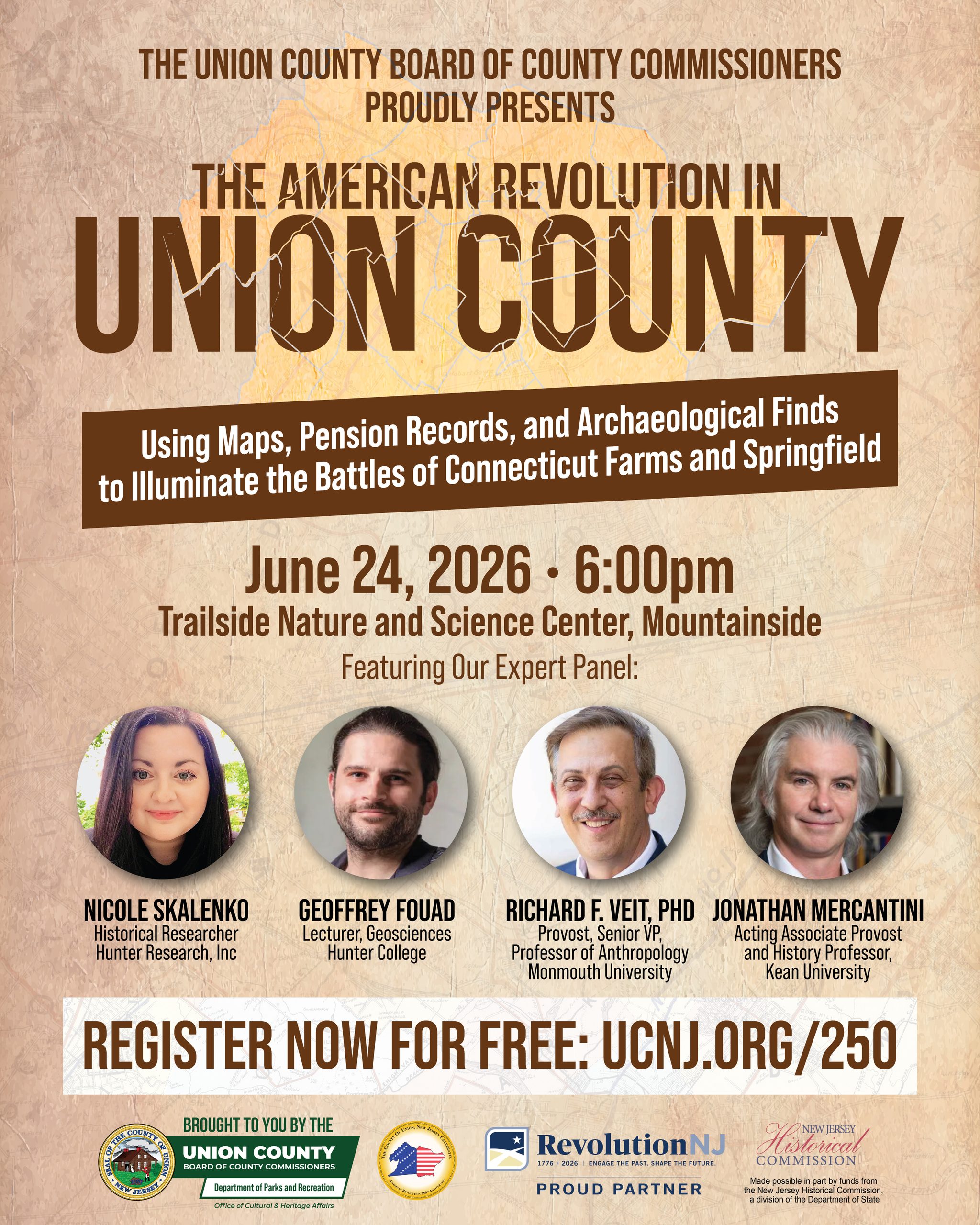 A flyer advertising “The American Revolution in Union County: Using Maps, Pension Records, and Archaeological Finds to Illuminate the Battles of Connecticut Farms and Springfield,” the program will take place on Wednesday, June 24, 2026, at 6:00 p.m. at the Trailside Nature & Science Center Theater.