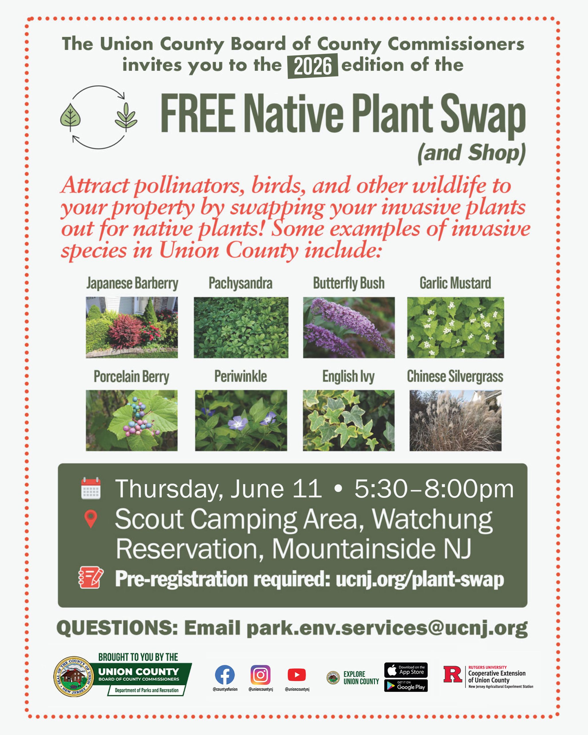 A flyer advertising the Native Plant Swap & Shop on Thursday, June 11, 2026, from 5:30 p.m. to 8:00 p.m. at the Scout Camping Area in the Watchung Reservation