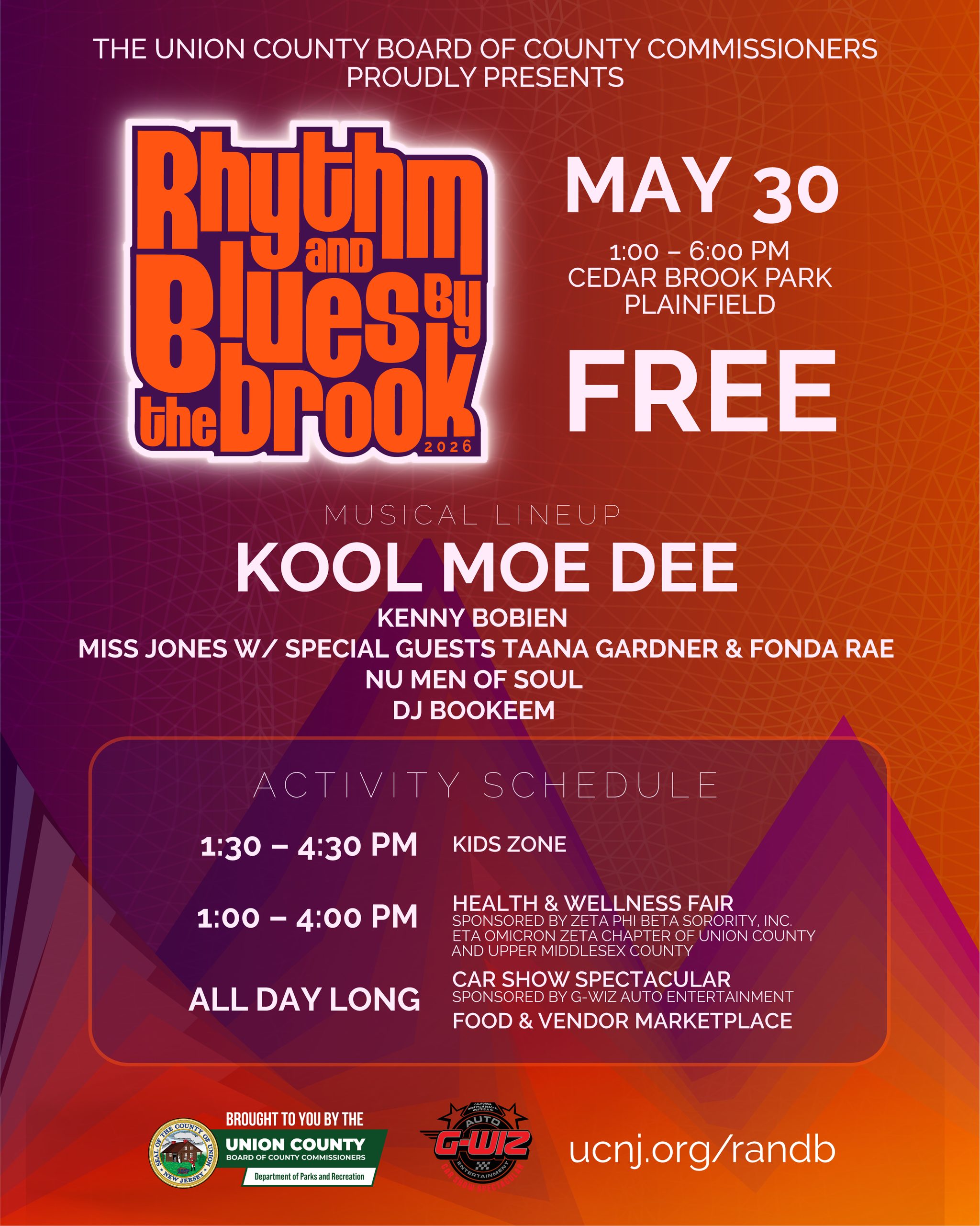 A flyer advertising Rhythm & Blues by the Brook on Saturday, May 30th, from 1:00 p.m. to 6:00 p.m.