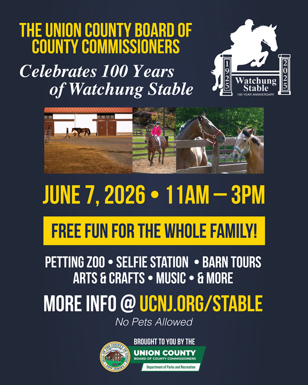A flyer announcing the 100th Anniversary Celebration of Watchung Stable on Sunday, June 7, 2026, from 11:00 a.m. to 3:00 p.m. at Watchung Stable, 1160 Summit Lane in Mountainside.
