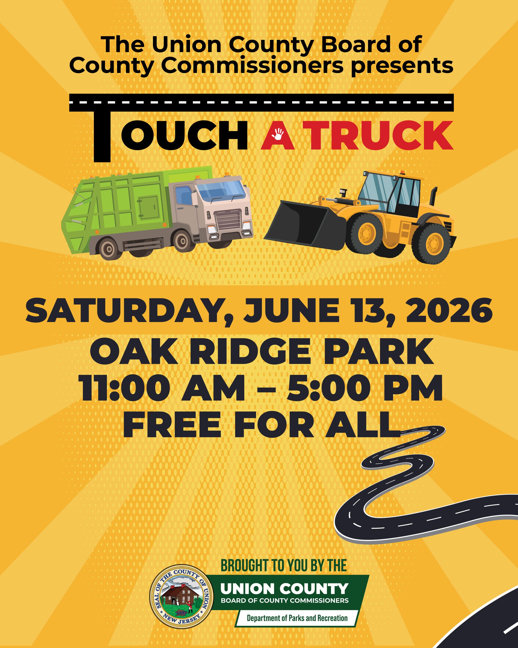 Flyer for Touch-A-Truck Event on Saturday, June 13th at Oak Ridge Park in Clark from 11:00 a.m. to 5:00 p.m.
