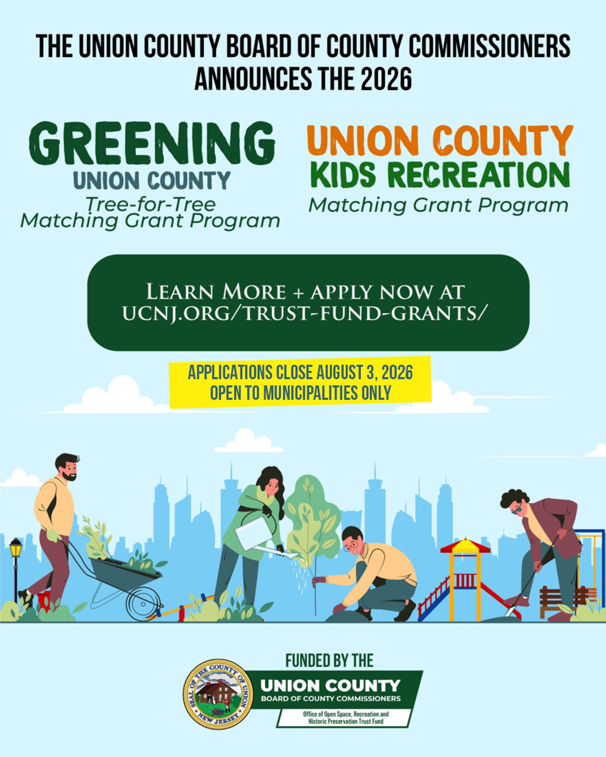 Flyer anouncinng the launch of the 2026 Open Space Grant programs: the Kids Recreation Grant and the Greening Grant.