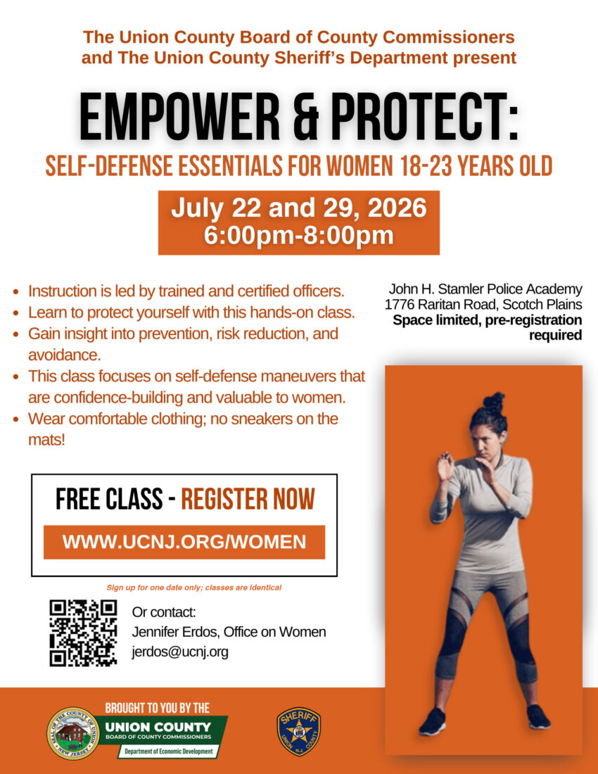 A flyer advertising offering two free self-defense classes for women 18-23 on Wednesday, July 22nd and Wednesday, July 29th from 6:00pm to 8:00pm at the John H. Stamler Police Academy, located at 1776 Raritan Road in Scotch Plains.