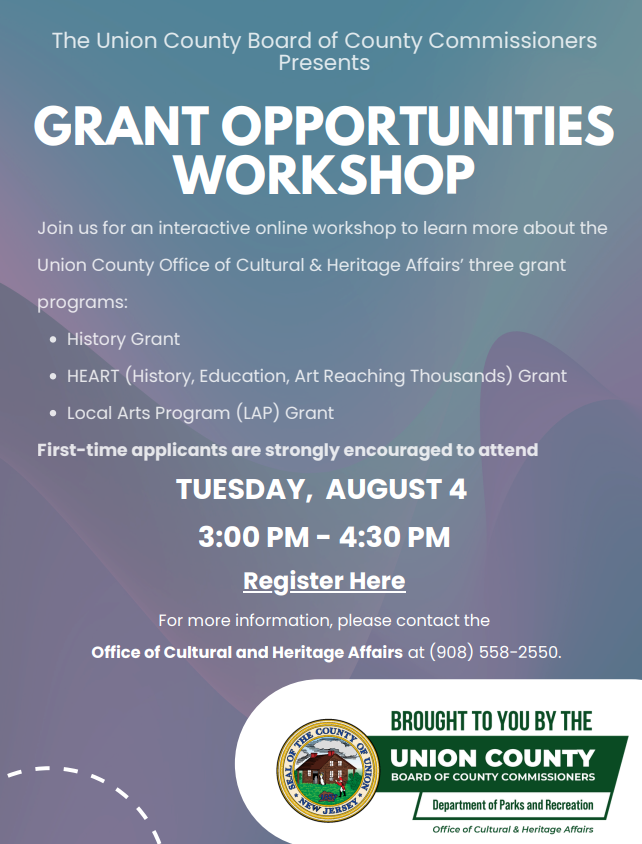 A flyer announcing a free online Q&A workshop providing overview information and guidance on three 2027 grant programs administered by the Office of Cultural & Heritage Affairs: the Union County HEART (History, Education, Arts Reaching Thousands) Grant, the History Grant, and the Local Arts Grant on Zoom on Tuesday, August 4, 2026 from 3:00 p.m. to 4:30 p.m