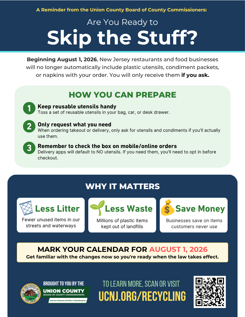 A flyer detailing the new “Skip the Stuff” law, aiming to reduce unnecessary plastic waste across the state by restricting food service businesses from automatically distributing single-use plastic utensils and condiments.