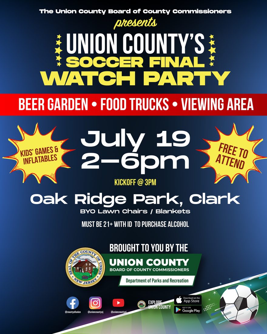 A flyer announcing a World Cup watch party on July 19 from 2-6pm in Oak Ridge Park.