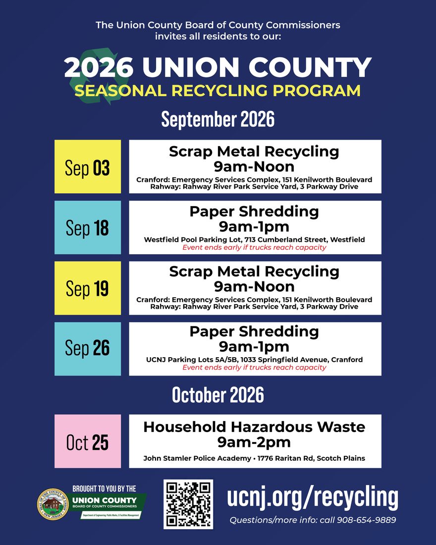 Union County residents can take advantage of the following upcoming recycling events:
Scrap Metal Recycling:
September 3 and September 19 from 9:00 a.m. to 12:00 p.m. at Emergency Services Complex, 151 Kenilworth Boulevard, Cranford and Rahway River Park Service Yard, 3 Parkway Drive, Rahway.
Paper Shredding:
September 18 and September 26 from 9:00 a.m. to 1:00 p.m. at Westfield Pool Parking Lot, 713 Cumberland Street, Westfield. Event may end early if trucks reach capacity.
Household Hazardous Waste:
October 25 from 9:00 a.m. to 2:00 p.m. at John Stamler Police Academy, 1776 Raritan Road, Scotch Plains.
For more information, visit ucnj.org/recycling or call 908-654-9889.