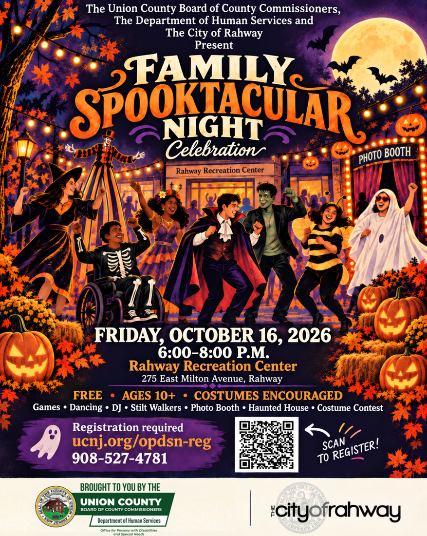 A flyer for Family Spooktacular Night Celebration on Friday, October 16, from 6:00 to 8:00 p.m. at the Rahway Recreation Center, 275 East Milton Avenue in Rahway.