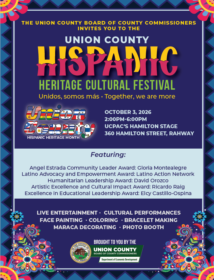 A flyer advertising the Hispanic Heritage Cultural Festival on Saturday, October 3, from 2:00 p.m. to 6:00 p.m. at UCPAC’s Hamilton Stage in Rahway.