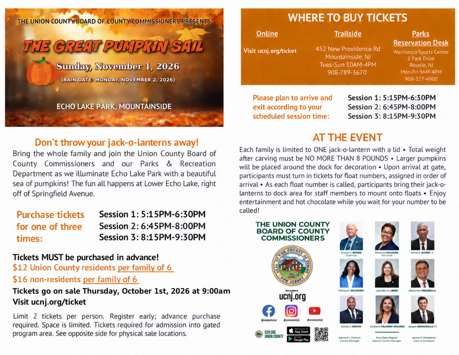 A flyer announcing tickets for the 2026 Great Pumpkin Sail will go on sale Thursday, October 1, at 9:00 a.m. at ucnj.org/ticket. 