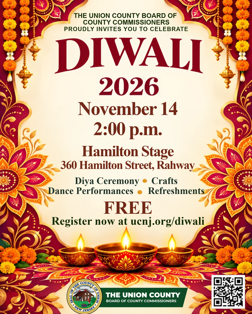 A flyer inviting residents to celebrate Diwali on Saturday, November 14, 2026, at 2:00 p.m. at Hamilton Stage, located at 360 Hamilton Street in Rahway.
