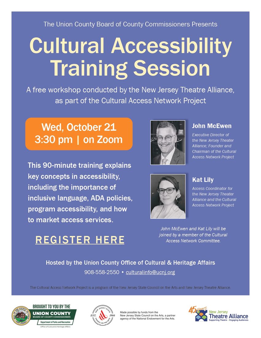 A flyer announcing a free Cultural Accessibility Training Workshop on Wednesday, October 21, from 3:30 to 5:00 p.m.