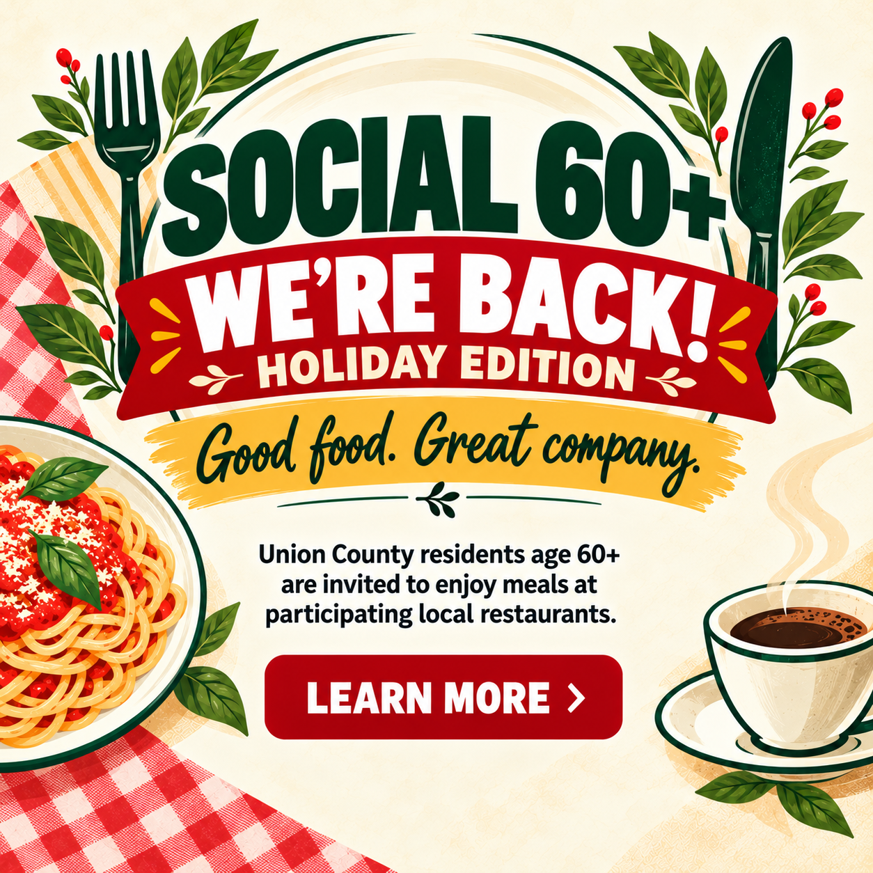 Social 60+ Is Back! Union County Brings Back Popular Restaurant Voucher Program for the Holiday Season